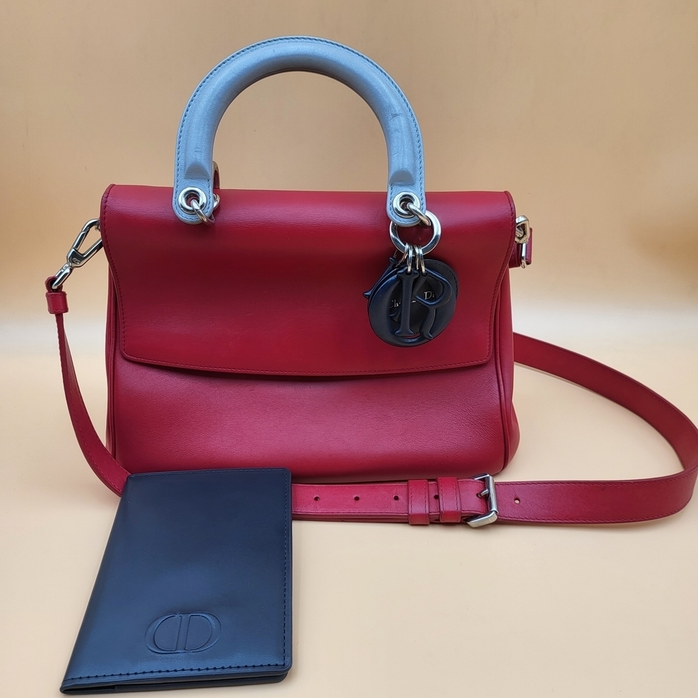 Christian Dior Be 2Way Handbag Red Blue Gray Leather & Passport Holder Wallet!!